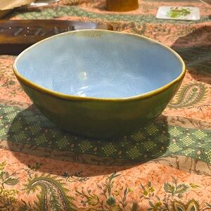 Green, Blue and Tan Rimmed Ceramic Bowl. “Life is Good” brand. MediumEgg shaped.